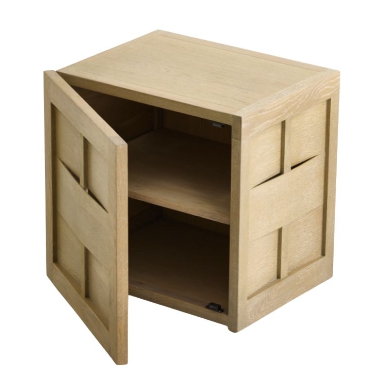 Wooden side table with open door on a white background