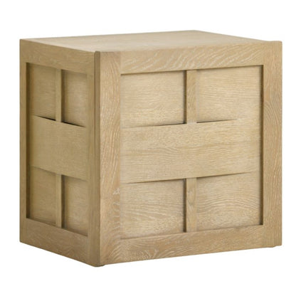 Wooden side table with a geometric pattern on a white background