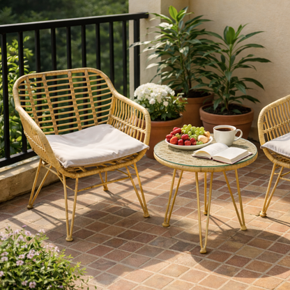 Wicker chairs and table set on a patio with fruit and coffee