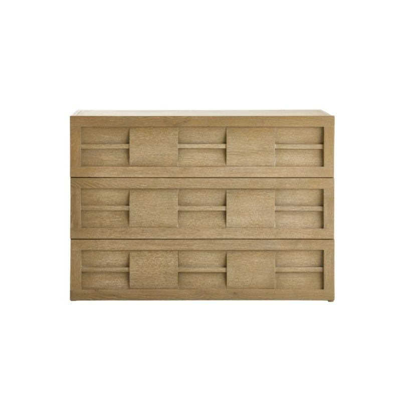 Wooden dresser with geometric design on a white background