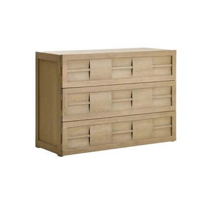 Beige dresser with a geometric pattern on a white background