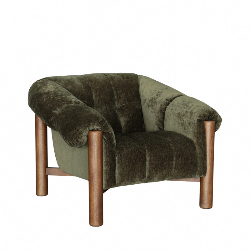 An accent armchair with deep tufting, upholstered in a dark olive green velvet fabric, supported by a light brown wooden frame with cylindrical legs, shown against a plain white background.
