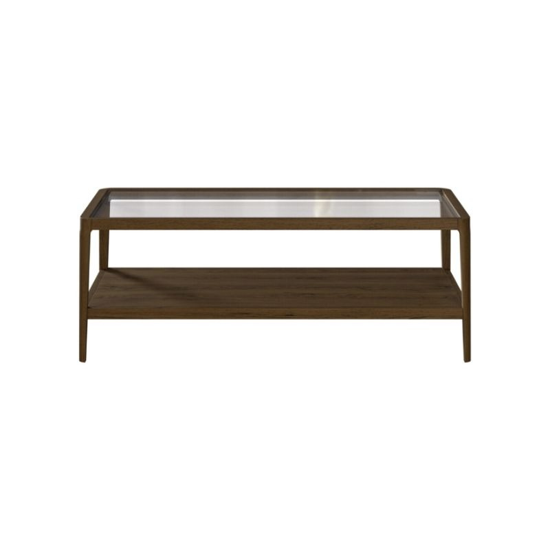 Wooden coffee table with glass top on a white background