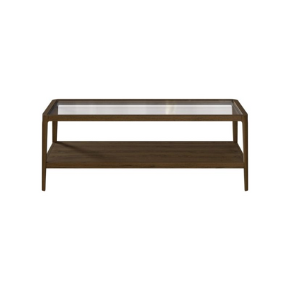 Wooden coffee table with glass top on a white background