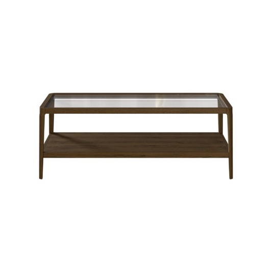 Wooden coffee table with glass top on a white background