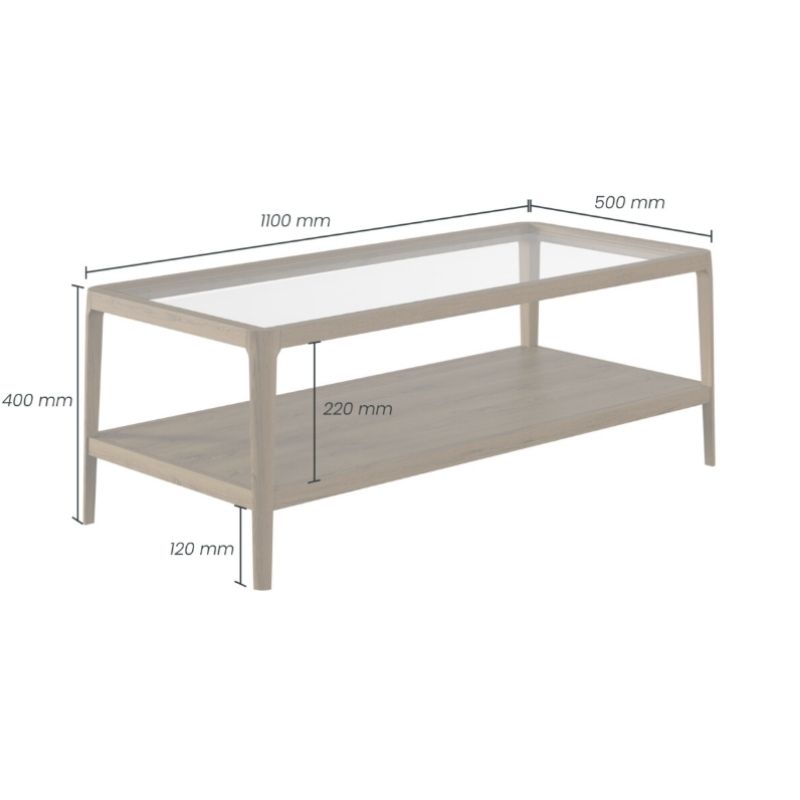 Coffee table with dimensions labeled on a white background