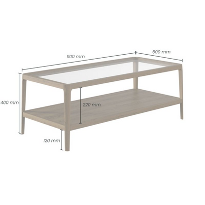 Coffee table with dimensions labeled on a white background