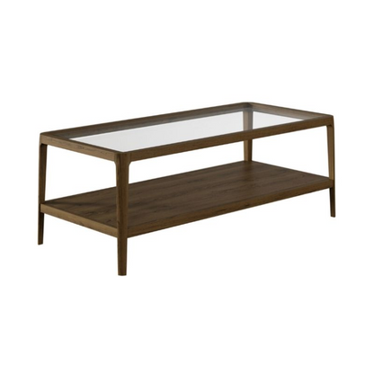 Coffee table with glass top and wooden shelf on a white background