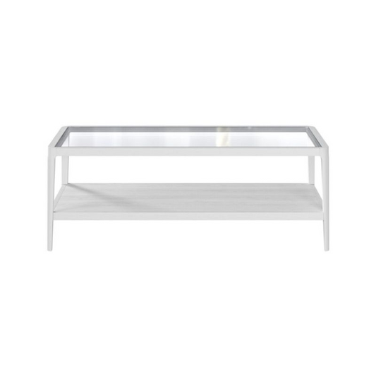 White coffee table with glass top on a white background
