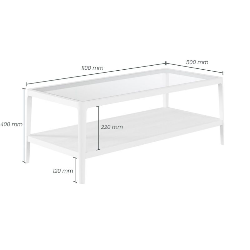 White coffee table with dimensions labeled on a white background