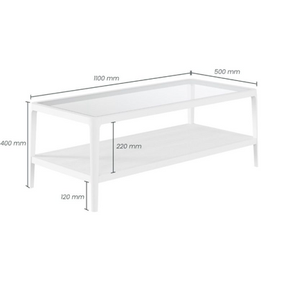 White coffee table with dimensions labeled on a white background