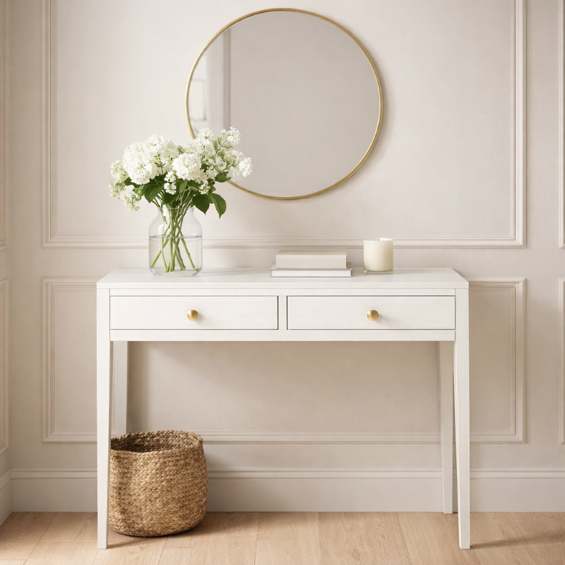 White console table with a round mirror, vase of flowers, and books against a light-colored wall.