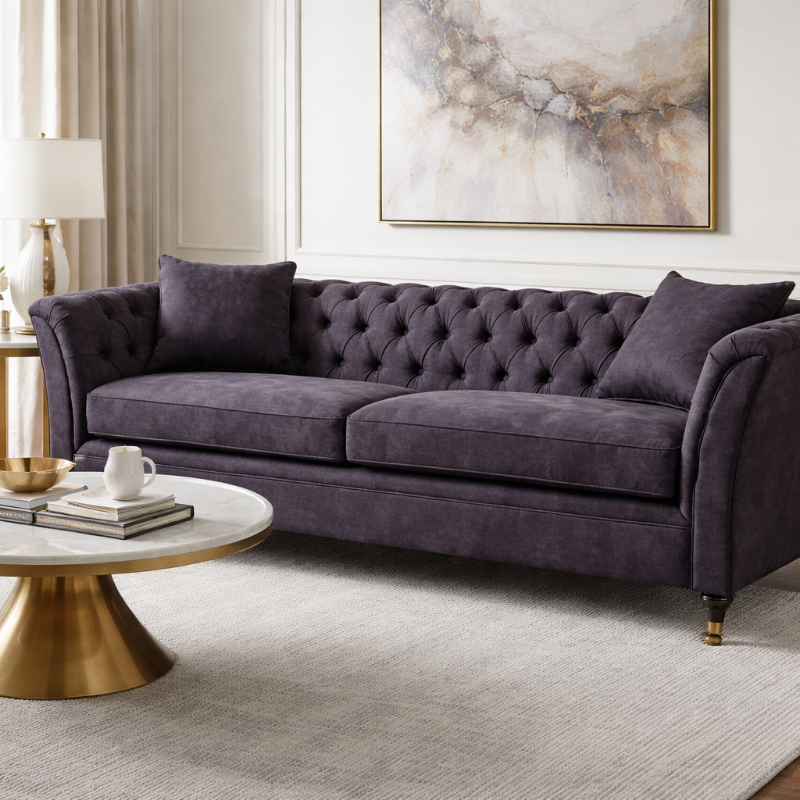 Dark grey tufted sofa in a living room with a coffee table and abstract painting.
