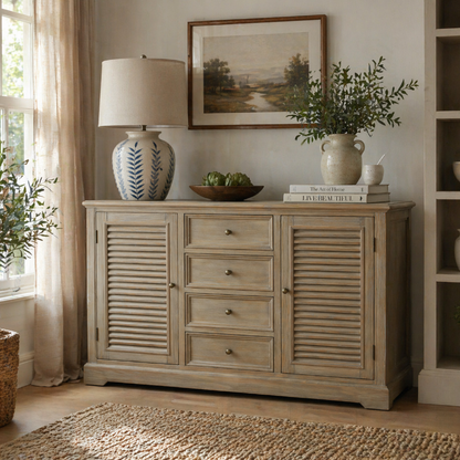 Wooden sideboard with decorative items in a room with a painting and lamp.