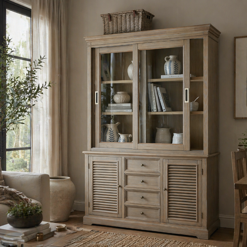 Wooden cabinet with glass doors in a living room setting