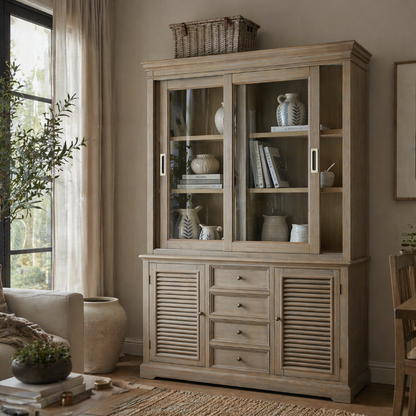 Wooden cabinet with glass doors in a living room setting