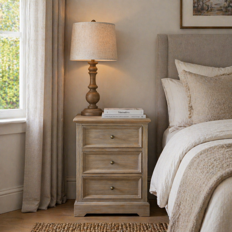 Nighstand with lamp and books next to a bed in a bedroom