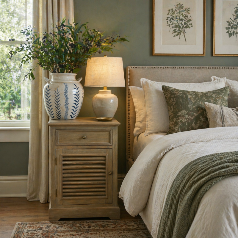 Cozy bedroom with a bed, nightstand, and decorative elements.
