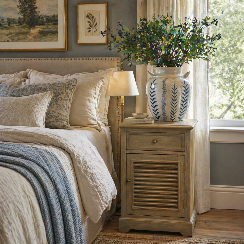 Cozy bedroom with a bed, nightstand, lamp, and decorative elements.