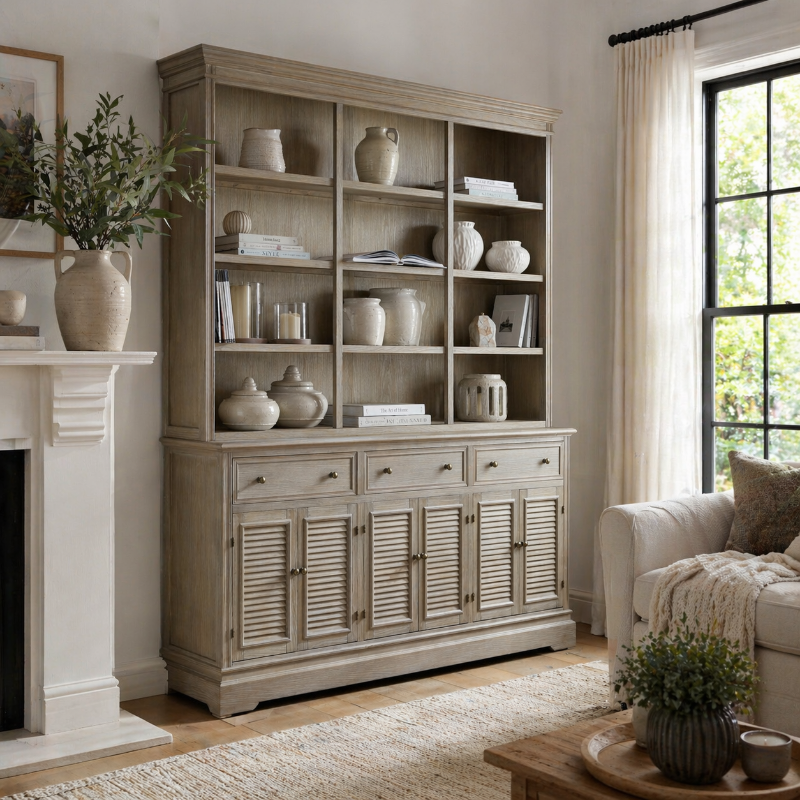 Large wooden dresser in a living room with decorative items and a fireplace.