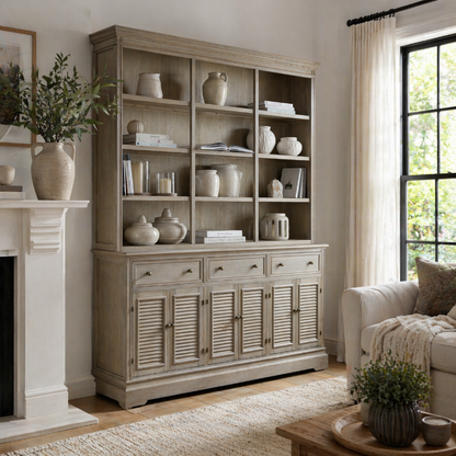 Large wooden dresser in a living room with decorative items and a fireplace.