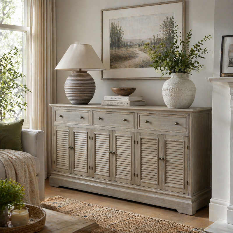 Living room with a wooden sideboard, lamp, and decorative items.