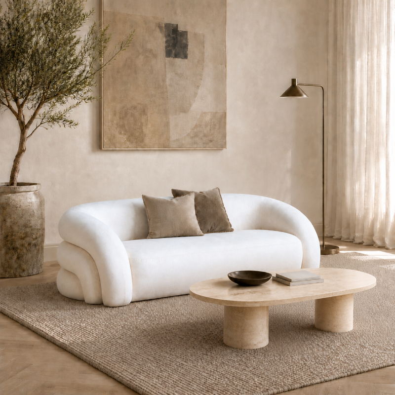 A modern curved white sofa with two beige throw pillows in a warm, neutral-toned living room. A round light wood coffee table sits on a textured beige rug in front of the sofa, with a large abstract painting on the wall, a floor lamp, and a potted tree on the left.