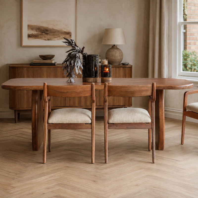 A mid-century modern wooden dining table with two matching upholstered chairs in a warm, neutral-toned dining room.