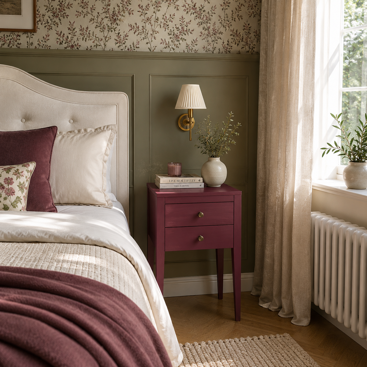 Cozy bedroom with a bed, nightstand, and decorative elements.