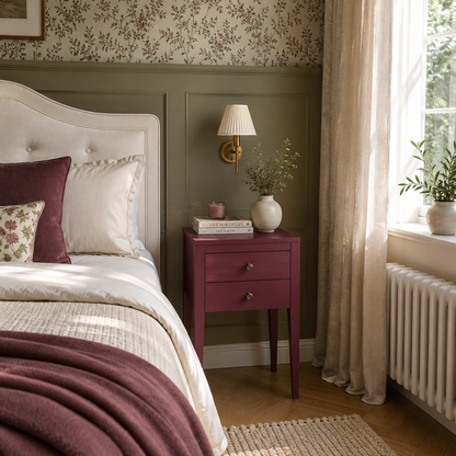 Cozy bedroom with a bed, nightstand, and decorative elements.