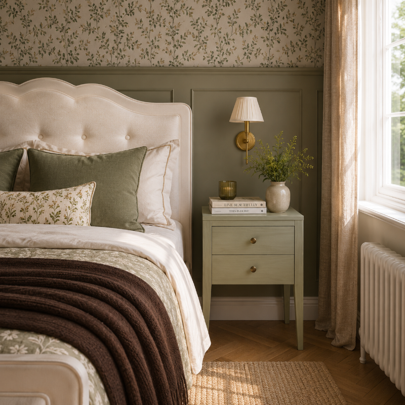 Cozy bedroom with floral wallpaper, bed with green and brown bedding, and a nightstand with a lamp and vase.