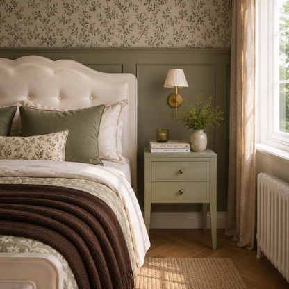 Cozy bedroom with floral wallpaper, bed with green and brown bedding, and a nightstand with a lamp and vase.