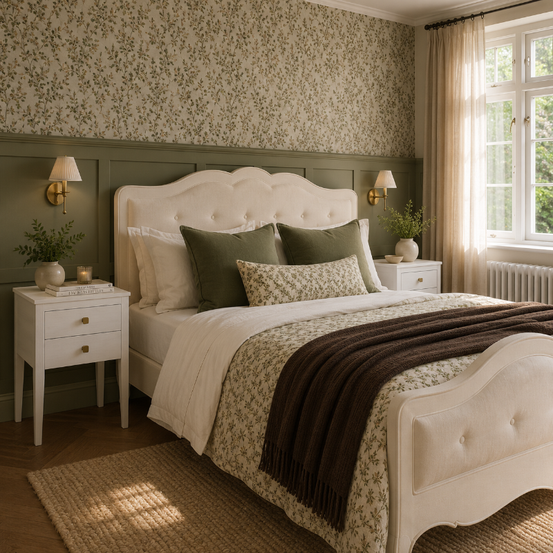 Neatly made bed with decorative pillows in a bedroom with floral wallpaper and natural light.