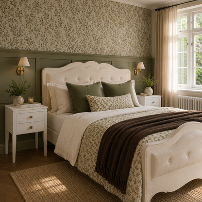 Neatly made bed with decorative pillows in a bedroom with floral wallpaper and natural light.