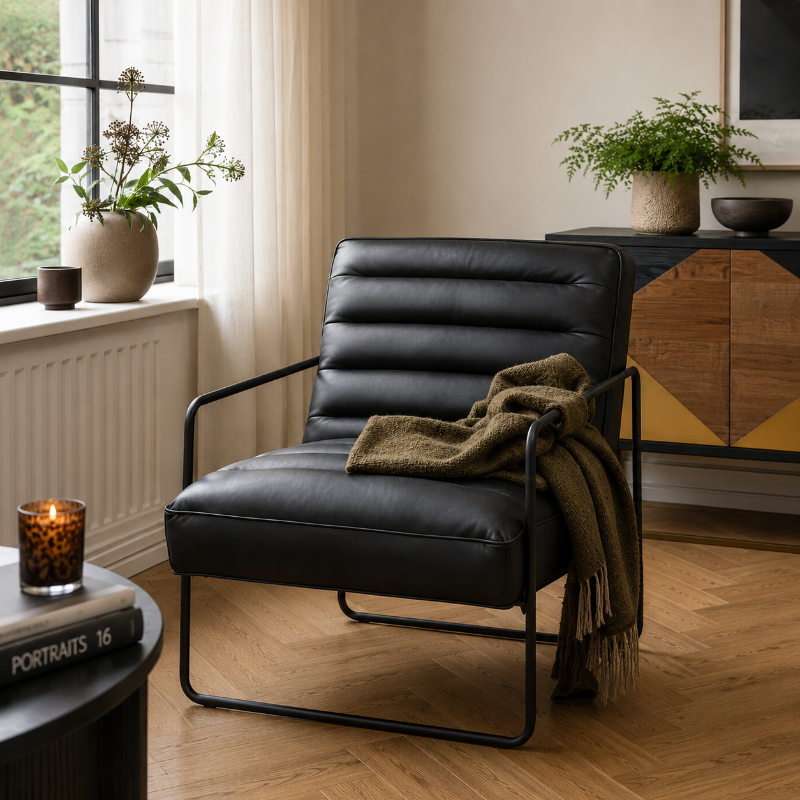 Black leather armchair with a green blanket in a cozy living room setting.