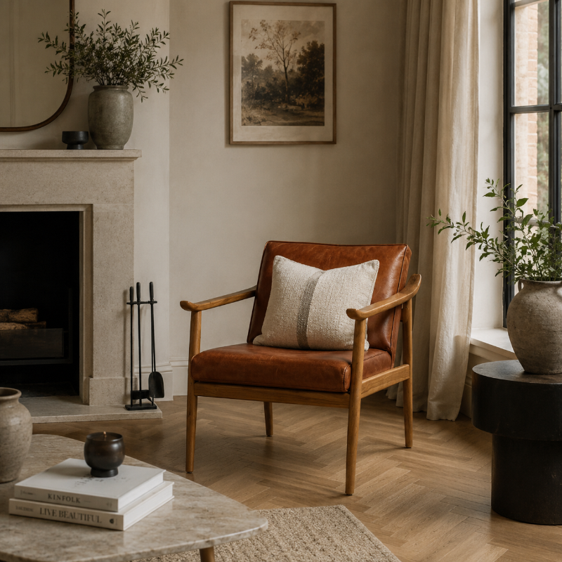 Cozy living room with a brown leather armchair, fireplace, and decorative elements.