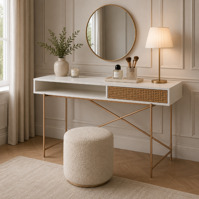 Modern dressing table with round mirror, lamp, and decorative items in a stylish room.