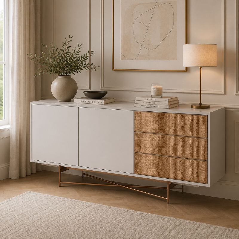 Modern sideboard with wicker drawers and white doors in a room with a lamp and decor items.