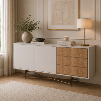 Modern sideboard with wicker drawers and white doors in a room with a lamp and decor items.