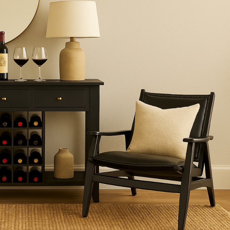 Wine rack with bottles, a chair with a pillow, and decorative items in a room setting.