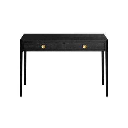 Black console table with two drawers and gold knobs on a white background