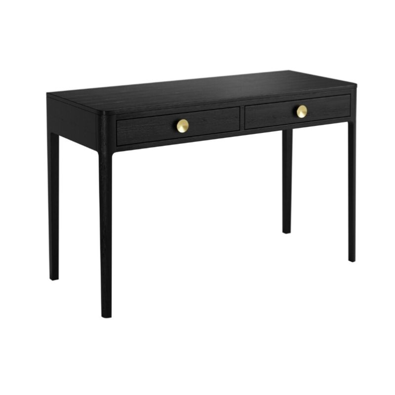 Black desk with two drawers on a white background
