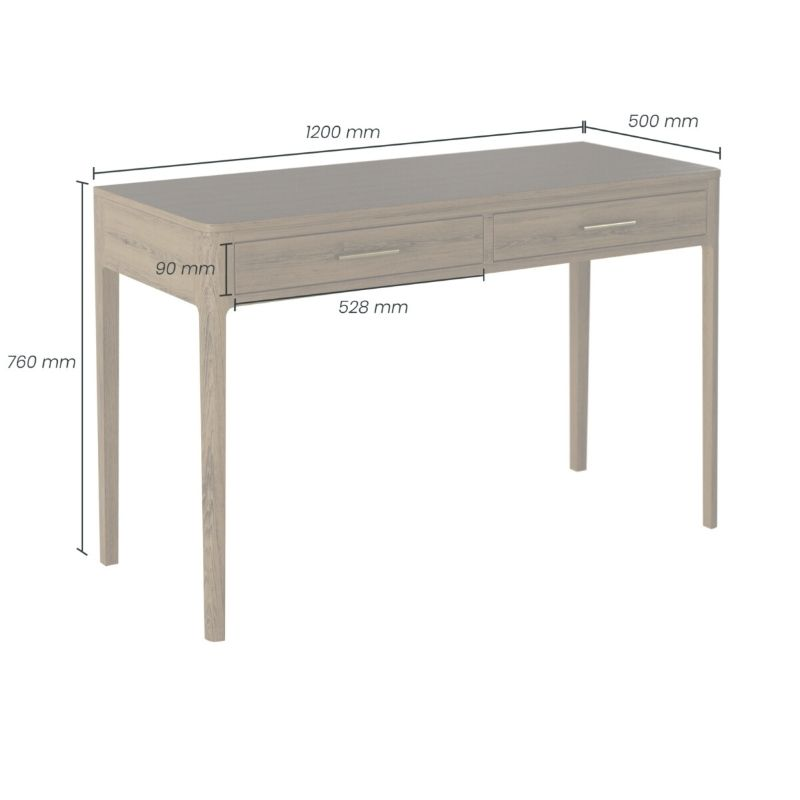 Wooden desk with dimensions labeled on a white background