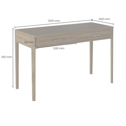 Wooden desk with dimensions labeled on a white background