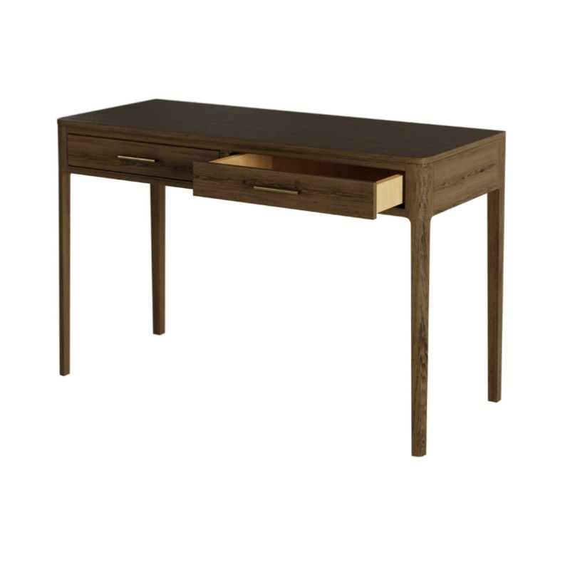 Wooden desk with two drawers on a white background
