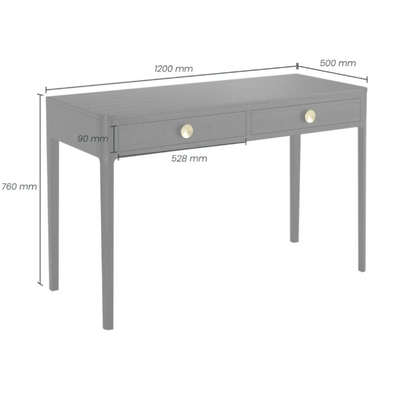 Black desk with dimensions labeled on a white background