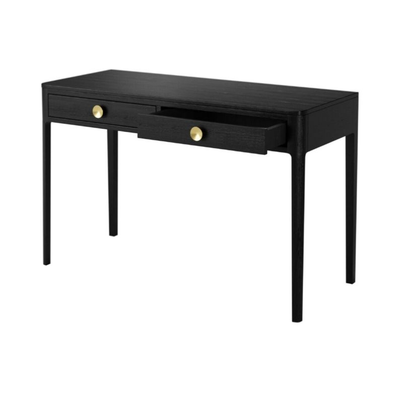 Black desk with two drawers on a white background