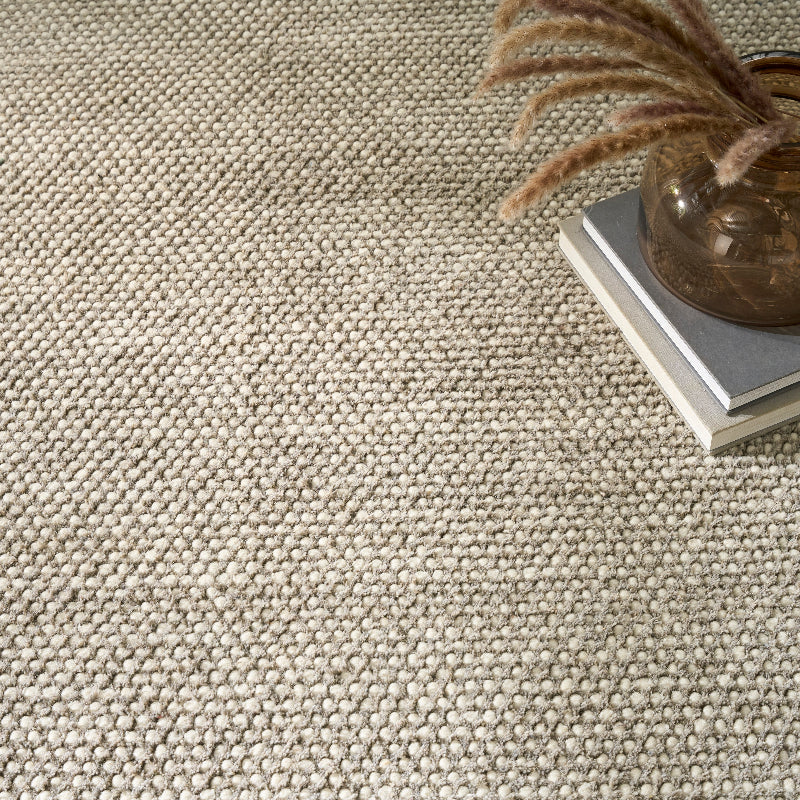 Close-up of a textured grey ivory rug with a decorative plant and books on a wooden surface.