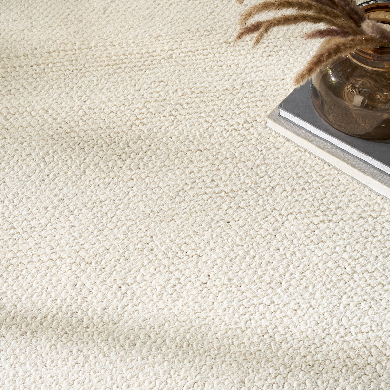 Close-up of a textured beige carpet with a plant pot on a white surface
