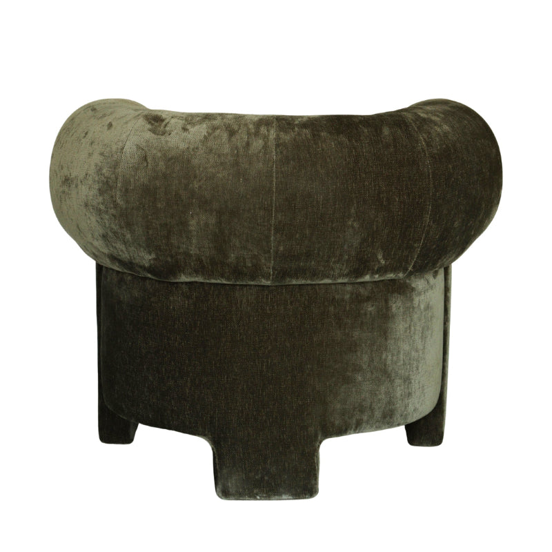 A dark olive green velvet armchair with a rounded, tufted backrest and short legs, shown against a plain white background.